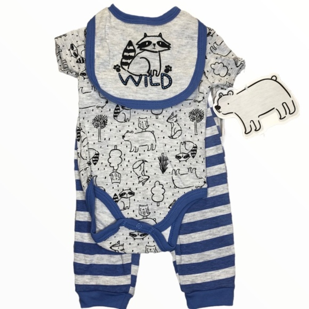 CJP BABY 3-Pc 0-3M Raccoons Foxes Bears OUTFIT NEW